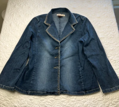 AMI Jean куртка Blazer женщин L синий джинсовой ткани длинным рукавом 3 кнопки с воротником эластичной - Изображение 1 из 4