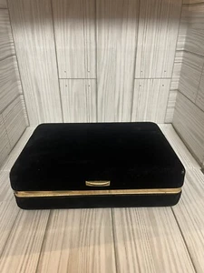 Vtg Clamshell Jewelry Box Hard Case Travel Organizer Mirror Black Velvet READ - Picture 1 of 21