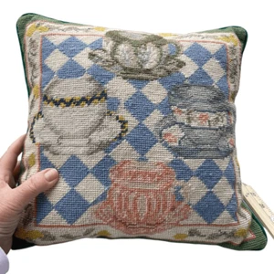 Cross stitched cup n saucer themed pillow with green velvet back. - Picture 1 of 8