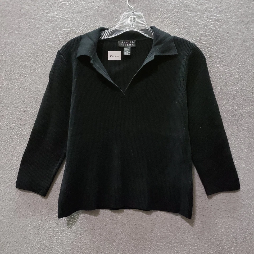 Spenser Jeremy женщин Топ XL черный шелк смесь длинным рукавом воротник ребро вязаный - Изображение 1 из 4