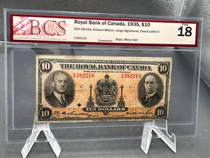 1935 Royal Bank  $10 Bank Note Large Signatures Graded BCS F-18  SN 1382216 - Picture 1 of 5