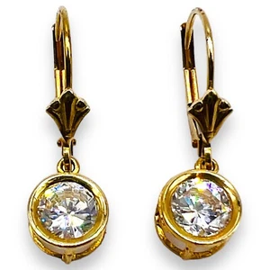 Vintage 14k Yellow Gold White Stone Round Cut Leverback Drop Earrings 1.7g 22 mm - Picture 1 of 5