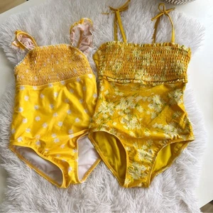 Girls Yellow Swimsuit Bundle Size 6X One Piece Retro Summer Smocked Cat & Jack - Picture 1 of 6
