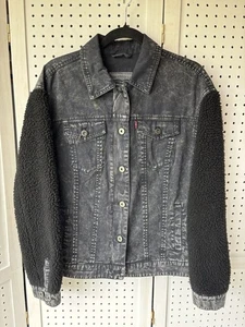 Levi's Women's M Black Acid Wash Denim Jean Trucker Jacket Zip Sherpa Sleeves - Picture 1 of 8