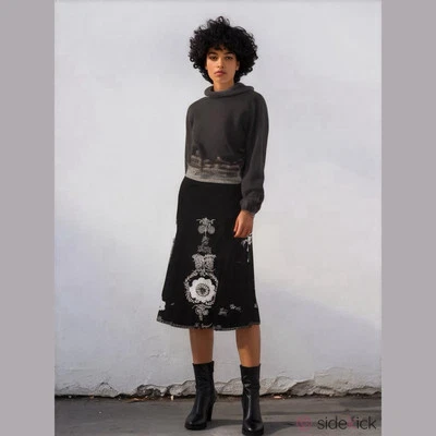 Vtg Y2K 90’s Cotton Festive Pearl Beaded Floral Black Embroidered Midi Skirt 12 - Image 1 of 4