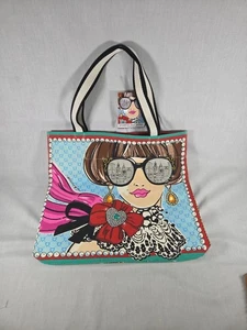 BRIGHTON Borsa tote in tela pesante scintillante e lucida nuova con etichette multicolore - Foto 1 di 5