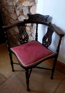 Georgian Antique 18th Century Mahogany Corner Chair Harp Carvings Pink Velvet - Picture 1 of 20