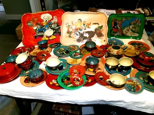 Huge Vintage Ohio Art Tin Litho Tea Set Used Donald Duck, Snow White, Bad Wolf - Picture 1 of 8