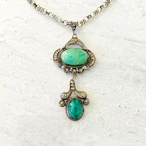 Peruzzi Style Filigree Pendant Necklace Chrysoprase Green Peking Jade Glass - Picture 1 of 19