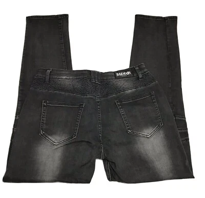 Pantalones de mezclilla Balmain Paris Moto Biker desgastados negros desteñidos talla 34 hechos en Italia Foto 1 de 4