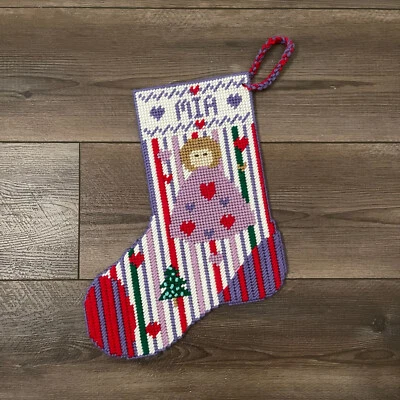 Vtg Handmade Christmas Stocking Needlepoint on Plastic Canvas Girl "Mia" - Image 1 of 4