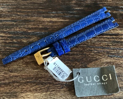 Gucci Watch Strap 10mm Shiny Blue Alligator Pattern Gold Buckle France Authentic - Image 1 of 4