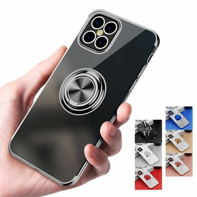 For iPhone 17 16 15 14 13 12 Pro Max Clear Soft Ring Holder Magnetic Stand Case