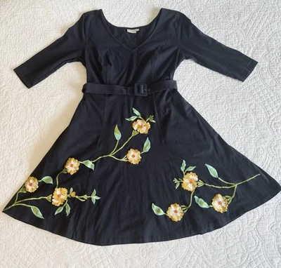 eShakti платье цветочный вышитый рукав темно-синий подпоясанный с карманами богемное размер 12 - Изображение 1 из 4