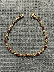 10K YELLOW GOLD TENNIS BRACELET with RUBY & DIAMOND STONES SIZE 7.2 inch - Picture 1 of 12