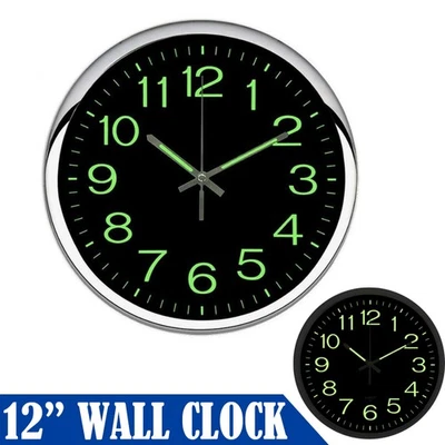 12'' Wall Clock Large Luminous Quartz Night Light Glow In The Dark Silent Home - Image 1 of 4