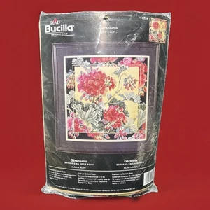 Kit de punta de aguja "Geranios" Bucilla 1997 vintage #4734 floral de Barbara Baatz - Imagen 1 de 5