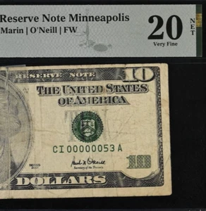 2001 $10 Federal Reserve Note PMG 20 - Birthday - Low Serial Number 00000053 - Picture 1 of 3