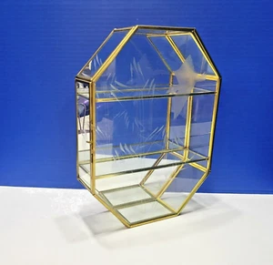 Vintage Octagon Brass and Glass Curio Cabinet Shelf Etched Bird 11 x 8 - Picture 1 of 9