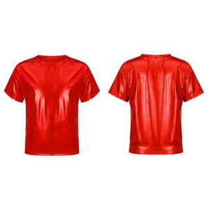 Kids Girls Shiny Metallic T-Shirts Round Neck Crop Tops Party Hip-hop Jazz Tops - Picture 1 of 73