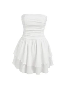 Women's Summer Cocktail Dress - Tube Ruched Ruffle Mini Dress Small White - Picture 1 of 7