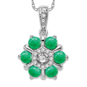 14K Solid White Gold Emerald Diamond Flower Necklace - Picture 1 of 12