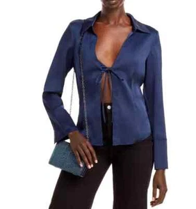$345 JONATHAN SIMKHAI Santana Tie Front Slim Shirt Blouse with Bra S Midnight - Picture 1 of 12
