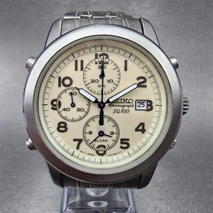 Seiko Chronograph Watch Men 40mm Luminous Dial Silver Tone Date Alarm New Batt - Picture 1 of 12
