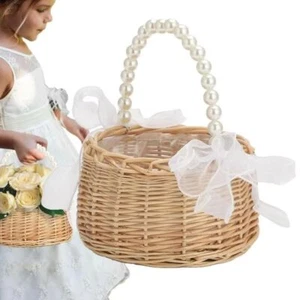 Willow Rattan Woven Basket Pearls Handle Flower Arrangement Basket for Wedding - Afbeelding 1 van 8
