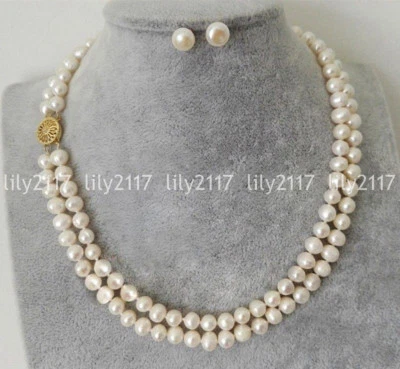2Rows Genuine 7-8mm Natural White Freshwater Pearl Necklace Earrings Set 17-18'' - Image 1 of 4