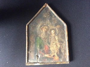 Antiguo icono de panel de temple/madera pintado a mano Virgen María y Cristo - Imagen 1 de 12