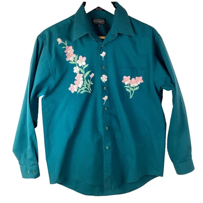 Camisa De Colección Marqués Verde Talla 15 1/2 Hombres Apliques Florales Arte para Usar Retro Boho Foto 1 de 4