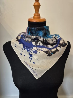 CHRISTIAN LACROIX 55 cm Seda/Algodón Bufanda Floral Ráfaga Azul Rojo Blanco Semi Transparente Foto 1 de 4