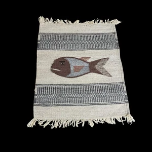 🧶 Handgewebter Zapoteken Wollteppich Fisch Tlundy Familie, Oaxaca, Mexiko 15" x 18" - Bild 1 von 11