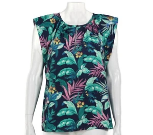 ANN TAYLOR LOFT Tropical Blue Palm Leaf Pleated Front Sleeveless Top sz M/P /565 - Picture 1 of 6