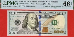 100 Dollar 2017 Repeater Serial Number 43434343 Gem UNC PMG 66EPQ_LDP Shop. - Picture 1 of 1