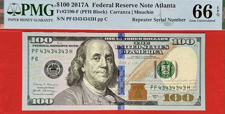 100 Dollar 2017 Repeater Serial Number 43434343 Gem UNC PMG 66EPQ_LDP Shop. - Image 1 of 1