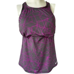 NIKE Fuchsia Blast Geometric Tankini Criss Cross Swimsuit Removable Pads Top L - Picture 1 of 7