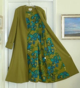 Lily&Taylor Vtg Gorgeous Green w/Mod Floral Lining Long Aline Dress Coat 18 48"B - Picture 1 of 17