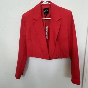 Zara NWT CROP BLAZER WITH BUTTONS Size XS Red Spring Summer Office Wedding Linen - Picture 1 of 13