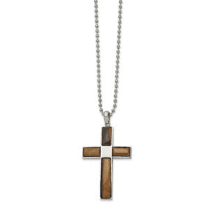 Stainless Steel Tigers Eye Holy Cross Pendant 22 inch Ball Chain Necklace