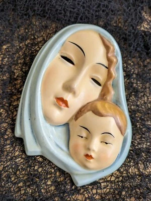 Vtg. art deco Czech wall art mask: mother/child. - Image 1 of 4