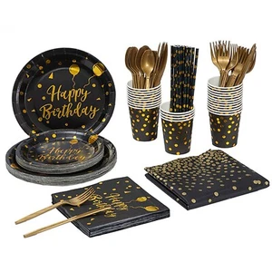 201pcs Disposable Dinnerware Kit Black Gold Birthday Party Supplies 25 Guests - Picture 1 of 11