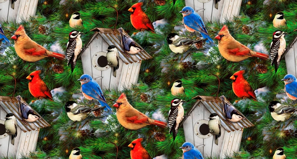 Bird Fabric - Birdhouse & Pines Greg Giodano Digital - David Textiles 17" - Image 1 of 1