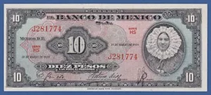MEJICO / MEXICO -- 10 PESOS ( 18.3.1959 ) -- UNC -- SERIE HS -- PICK 58f . - Bild 1 von 2