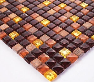 ELEGANTER 30x30cm GLAS & STEIN MOSAIK-FLIESEN 15x15 mm STEIN BRAUN / GOLD -BO-3 - Picture 1 of 1