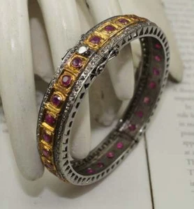 Victorian Natural Rose Cut Diamond & Ruby 925 Sterling Silver Bangle Bracelet - Picture 1 of 4