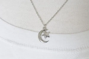 Silver moon stars necklace pendant 17" long chain small dainty chain - Picture 1 of 8