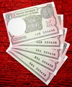  INDIA REPUBLIC  | 2011 - 1 RUPEE SAME NUMBER 555458 - 5 UNC NOTES LOT - Picture 1 of 3