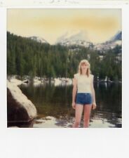 Vintage Polaroid Photo Pretty Girl Shorts Pine Trees Mountain Lake Nature 1980s